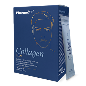 Kollagen für Männer von PHARMOVIT in einer Packung mit 20 glutenfreien Beuteln, zeigt die Produktverpackung und Beutel.