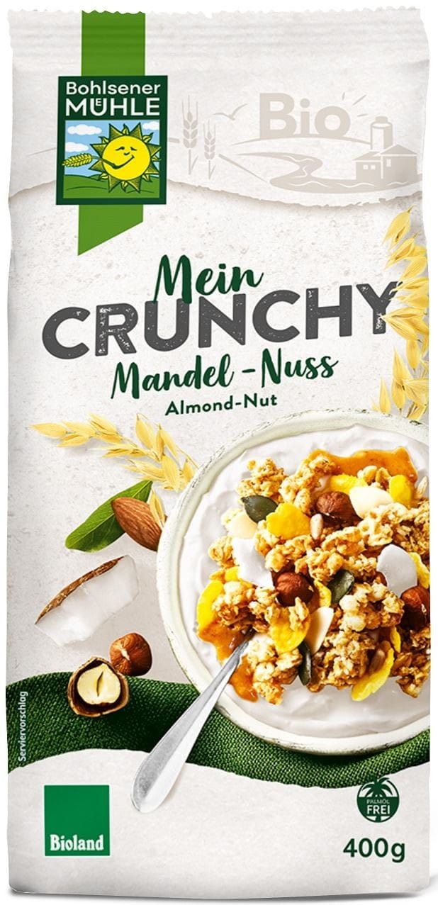 Bio Nuss-Crunches mit gemischten Cook Chips von Bohlsener Mühle in 400 g Verpackung, Nahaufnahme der knusprigen Snackmischung