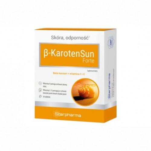 Beta-CarotinSun Forte 30 Tabletten von Starpharma, braune Tabletten in einer Packung, sichtbare Tabletten und Verpackung.