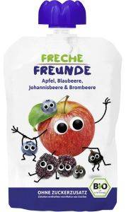 Apfel-Waldfrucht-Mousse von SMAK NATURY in 100g, cremige Fruchtmousse mit Äpfeln und Waldfrüchten, Bio-Qualität, auf einem Teller.