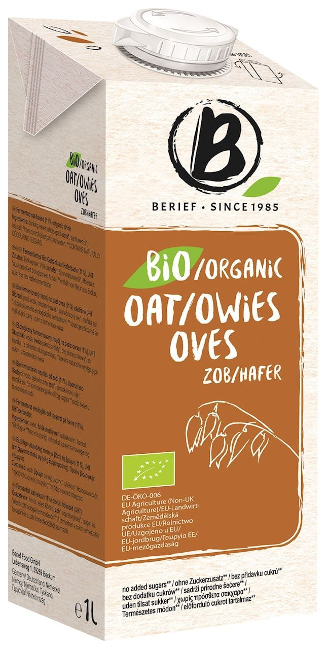 Bio Haferdrink ohne Zuckerzusatz von Berief, 1 Liter, cremige pflanzliche Milch in Verpackung, ideal für vegane Ernährung.