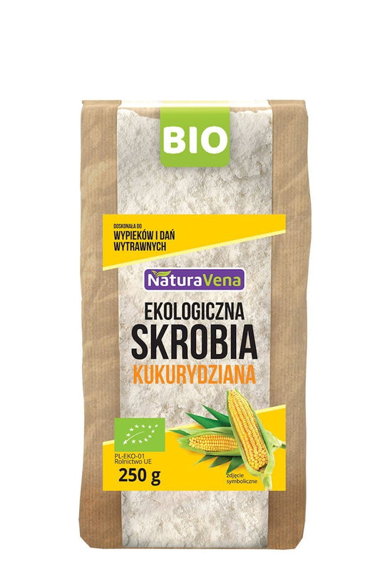 Bio-Zuckerstärke von NaturaVena, 250 g, in einer weißen Verpackung, zeigt die Zuckerstärke in einer transparenten Schüssel.