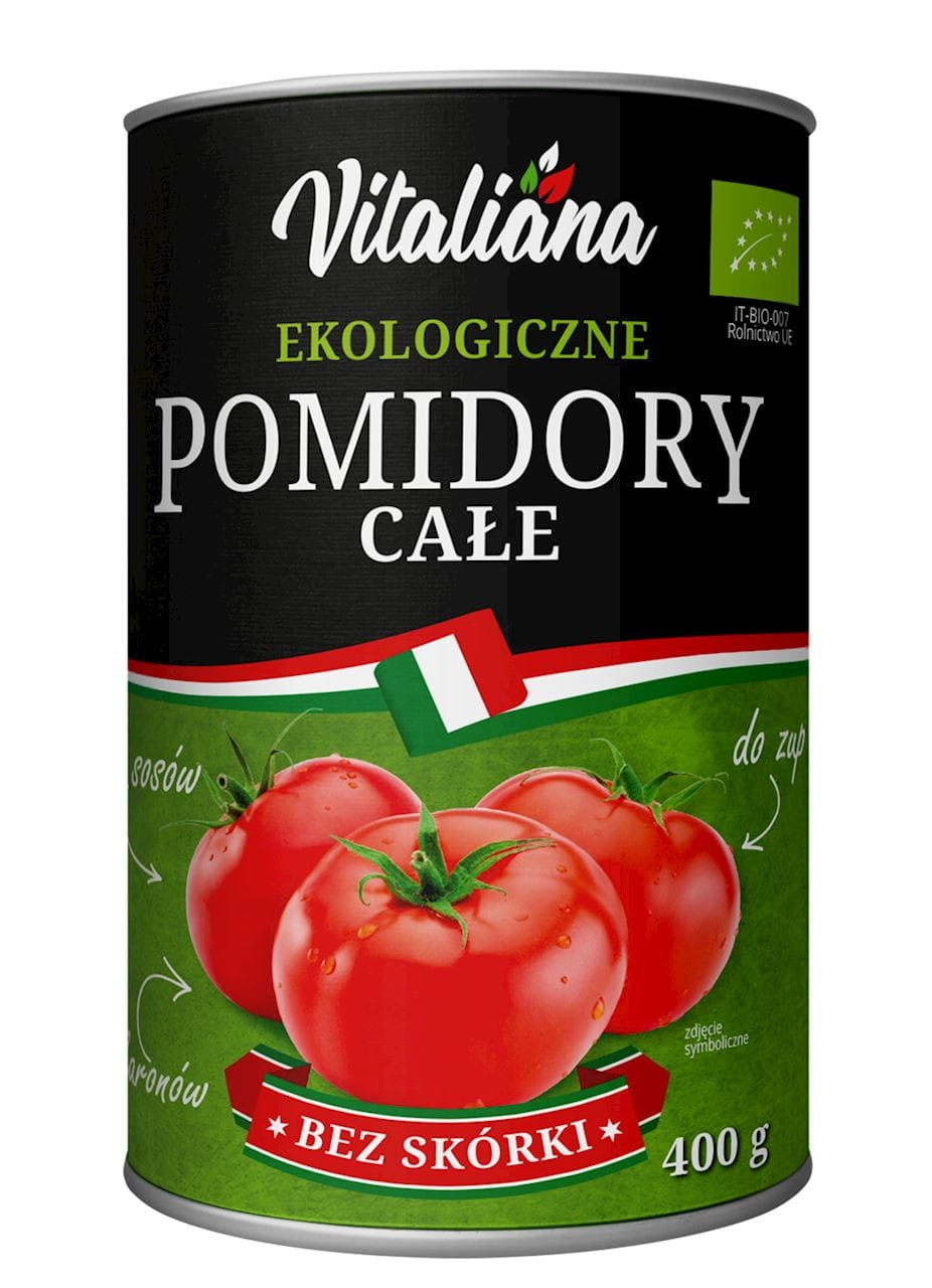 Geschälte ganze Bio-Tomaten von Vitaliana in 400 g Packung, frische und saftige Tomaten für die Küche