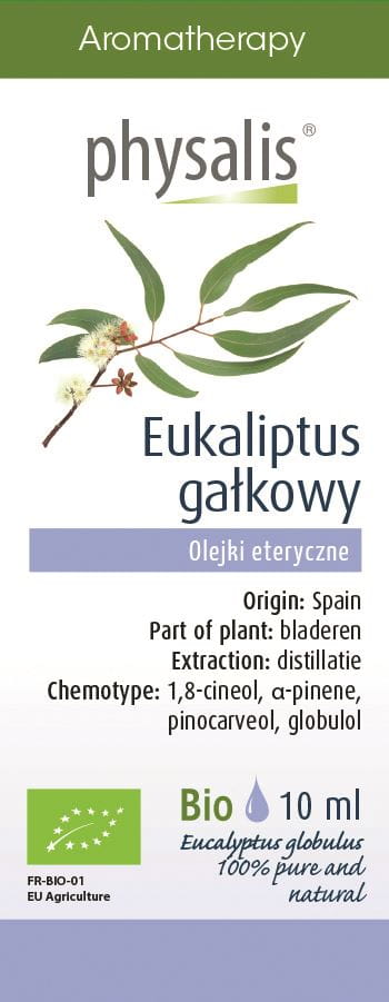 Ätherisches Eukalyptus-Öl BIO von PHYSALIS in 10 ml Flasche, zeigt die Verpackung und das Produkt auf weißem Hintergrund