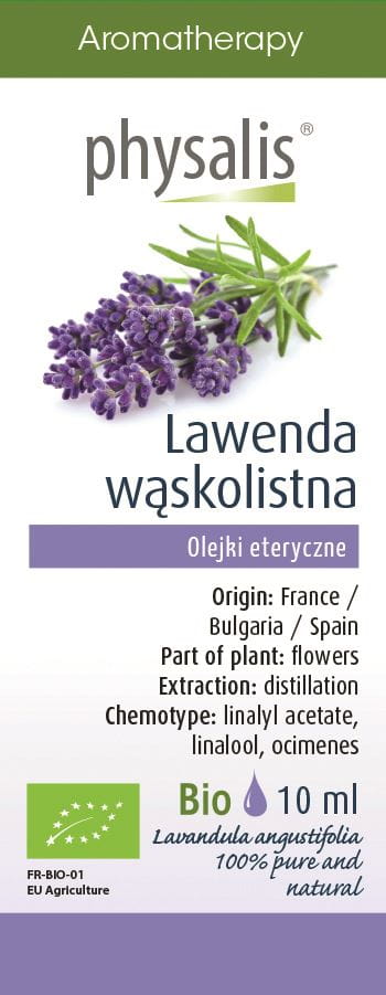 Ätherisches Lavendelöl von Physalis, echtes Bio-Lavendelöl in 10 ml Flasche, mit Lavendelblüten und Tropfenzähler.