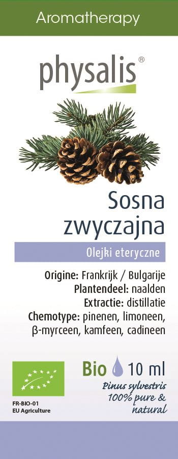 Bio Kieferöl von Physalis, 10 ml Flasche, naturbelassenes ätherisches Öl mit grüner Kiefer- und Nadeldesign.
