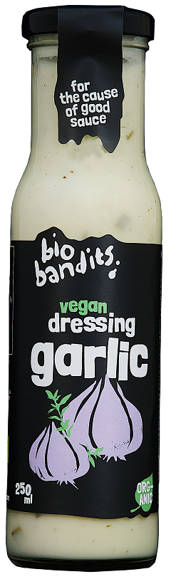 Veganer Bio Knoblauch Dressing in 250 ml Flasche von BIO BANDITS, cremige Konsistenz, ideal für Salate und vegane Gerichte