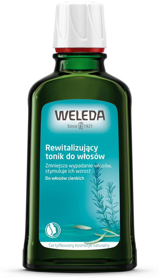 ECO HAIR REVITALISIERENDER TONIK von WELEDA, 100 ml Flasche mit braunem Verschluss, auf weißem Hintergrund.