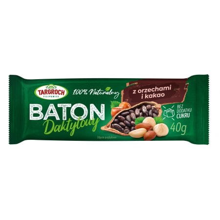 Dattelriegel mit Nüssen und Kakao, 40 g, TAR-GROCH-FIL, zeigt die Riegel mit Nüssen und Kakaostückchen auf der Verpackung