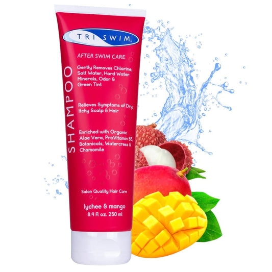 SBR Triswim Shampoo Lychee-Mango 250ml Flasche mit Shampoo für Schwimmer, pflegt und reinigt das Haar mit frischem Fruchtduft