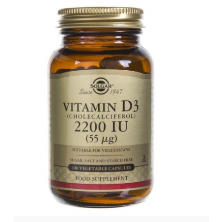 Vegane Solgar Vitamin D3 2200 IU Kapseln, Nahrungsergänzungsmittel in einer Packung mit 100 Kapseln, für gesunde Knochen und Immunsystem