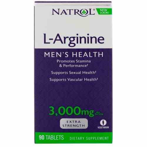 Natrol L-Arginin 3000 mg Tabletten, 90 Stück, Nahaufnahme der weißen Nahrungsergänzungstabletten in einer Packung