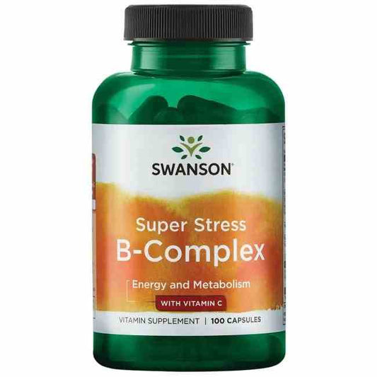 Swanson Super Stress B-Komplex mit Vitamin C in 100 Kapseln, zeigt die Verpackung mit bunten B-Vitamin-Tabletten und Vitamin C.