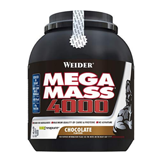 Weider Mega Mass 4000 Vanille-Geschmack, 3000 g, Proteinpulver in einer weißen Verpackung mit Vanille-Duft.