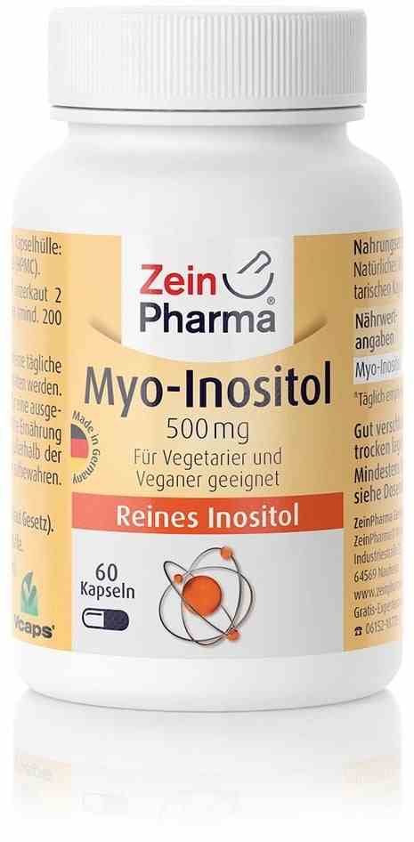 Zein Pharma Myo-Inositol 500mg Kapseln, 60 Stück, Nahaufnahme der Verpackung und Kapseln auf weißem Hintergrund