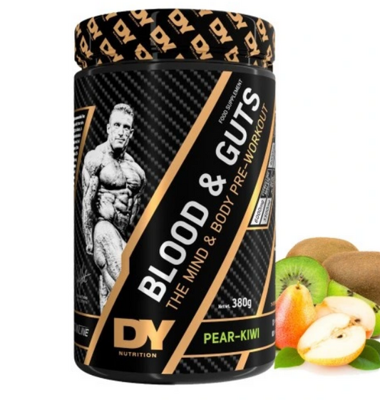 Dorian Yates Blut und Gedärme Pre-Workout Pulver in Birne und Kiwi Geschmack, 380 g, mit Früchte-Design auf der Verpackung