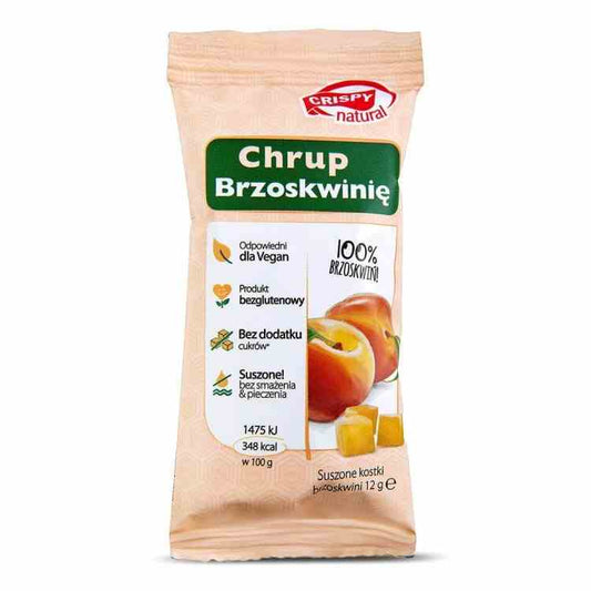 Knusprige, natürliche getrocknete Pfirsichchips von Crispy Natural, 12 g, Nahaufnahme der getrockneten Pfirsichstücke