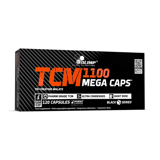 Olimp TCM 1100 mg Mega Caps, 30 Kapseln, Nahaufnahme der schwarzen Kapseln in einer Packung