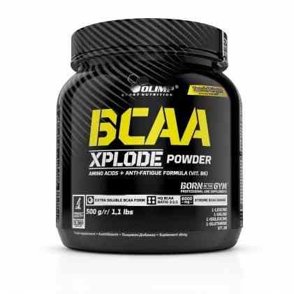 Olimp BCAA Xplode Pulver in Orangengeschmack, 500g Dose, zeigt die Verpackung mit orangefarbenem Pulver und Sportdesign.