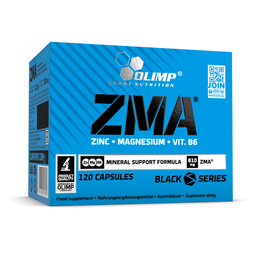 Olimp ZMA 120 Kapseln, Nahrungsergänzungsmittel mit Zink, Magnesium und Vitamin B6, in einer weißen Packung.
