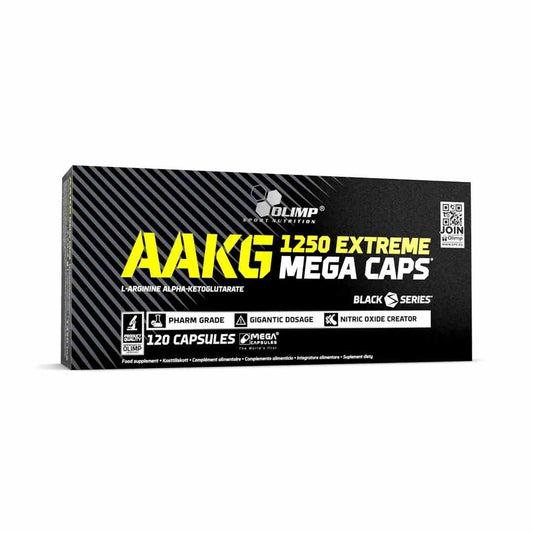 Olimp AAKG 1250 Kapseln, Nahaufnahme der Verpackung mit 120 Kapseln für Muskelaufbau und Leistungssteigerung