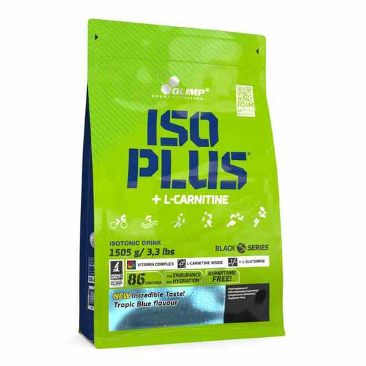 Olimp Iso Plus Isotonischer Drink mit tropischem Geschmack in 1505g Dose, zeigt die Verpackung und Produktbeschreibung.