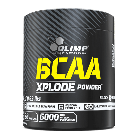 Olimp BCAA Xplode 280g Orangengeschmack, Pulver in Dose, zeigt die Verpackung mit Orangengeschmack und BCAA-Label.