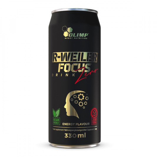 Olimp R-Weiler Focus Drink Zero 330ml, Energiedrink in Dose mit blauer Flasche und Logo, erfrischendes Getränk für Konzentration