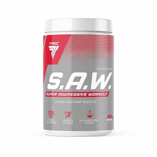 Trec S.A.W. Pulver mit Waldfruchtgeschmack, 200g, zeigt die Verpackung mit Beerenmuster und Produktinformationen