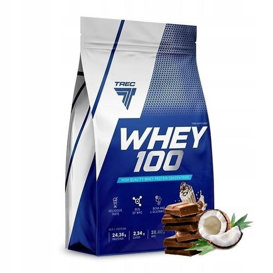 Trec Whey 100 Proteinpulver in 700g mit Schokolade- und Kokosnussgeschmack, Nahaufnahme der Verpackung