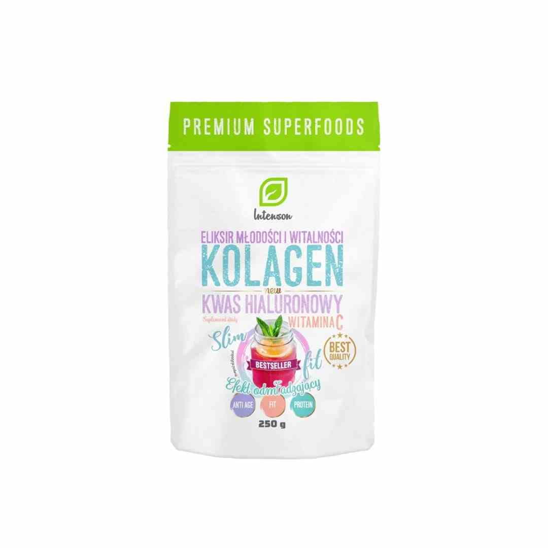 Nahrungsergänzungsmittel Intenson Kollagen, Vitamin C und Hyaluronsäure in 250g Dose, weiße Verpackung mit Etikett