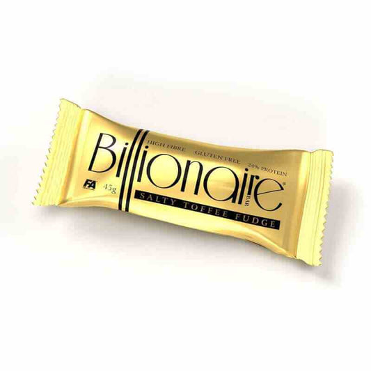 FA Nutrition Billionaire Protein-Riegel 45 g mit gesalzenem Toffee-Geschmack auf dem Bild, nährstoffreicher Snack für Fitness und Ernährung