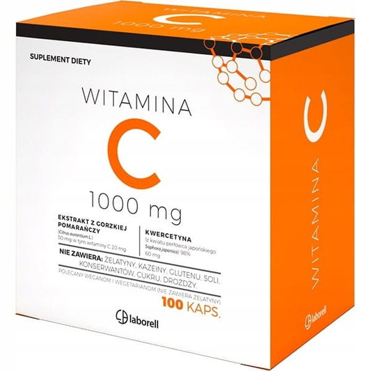 Laborell Vitamin C 1000 mg in 100 Kapseln, Nahaufnahme der Verpackung und Kapseln für immune Unterstützung