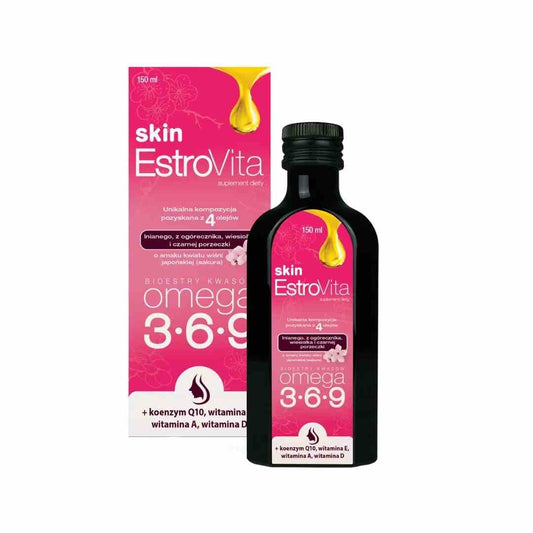 EstroVita Skin Omega 3-6-9 für Frauen in 150 ml Flasche mit Kirschblütengeschmack, flüssiges Nahrungsergänzungsmittel