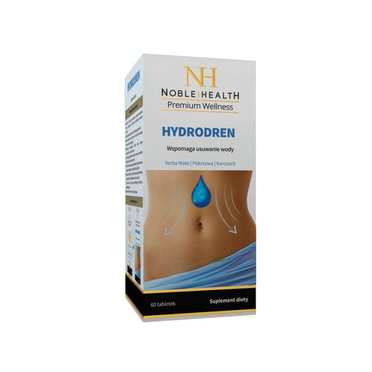 Noble Health Hydrodren 60 Kapseln: Nahaufnahme der Dose mit Kapseln, Produktverpackung und Etikett sichtbar