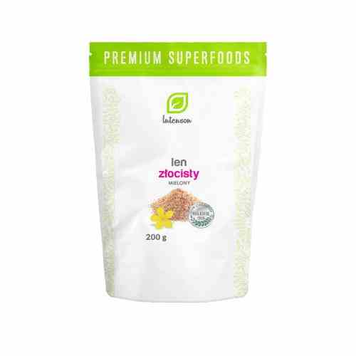 Intenson gemahlener Flachs in 200g Packung, braune Leinsamen, offen im Glas, für gesunde Ernährung und Backen.