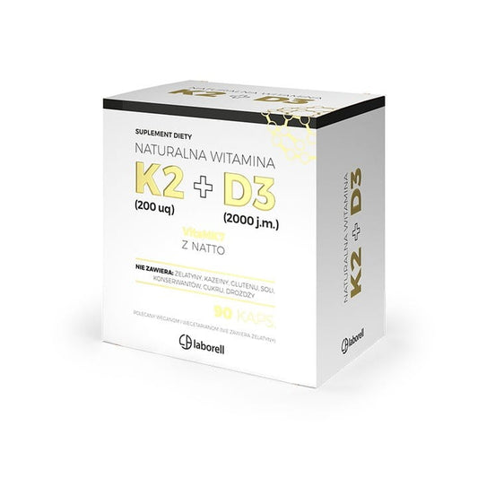 Laborell Vitamin D3 2000 IU und K2 200 mcg Kapseln, nahes Bild der Nahrungsergänzung in Blisterverpackung