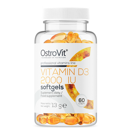 OSTROVIT Vitamin D3 2000 IU Kapseln, Nahrungsergänzungsmittel für starke Knochen und Immunsystem, Nahaufnahme der Flasche.