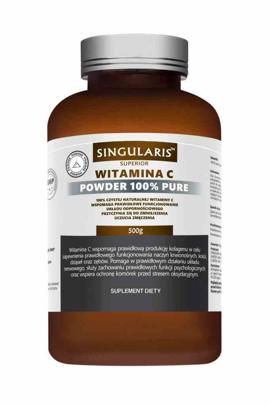 Singularis Superior Vitamin C Pulver 100% Rein, 500g, zeigt das weiße Vitamin C Pulver in einer transparenten Verpackung.