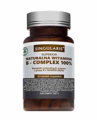 Singularis Vitamin B-Komplex Bio Forte 30 Kapseln, Nahaufnahme der braunen Kapseln in der Packung.