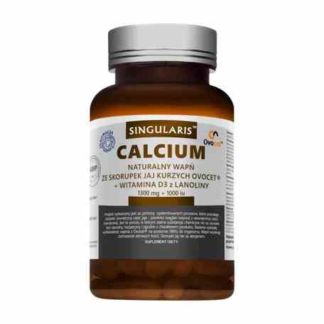Singularis Natural Hühnereierschalen-Kalzium OVOCET mit Vitamin D3, 60 Kapseln, Nahaufnahme der Kapseln in einer Packung