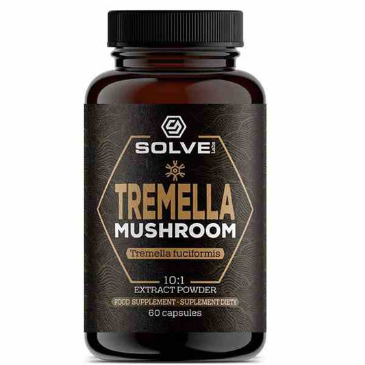 SolveLabs Tremella Pilze 10:1 Kapseln, weiße Kapseln in einer blauen Packung, hochwertiges Nahrungsergänzungsmittel