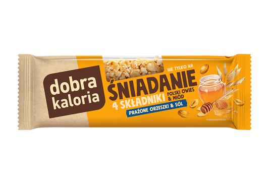 Geröstete Nüsse und Salz Frühstücksriegel von DOBRA KALORIA, 35g, mit knuspriger Textur und nahrhaften Zutaten.