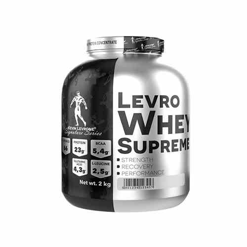 Molkenprotein LEVRONE Levro Whey Supreme von FA Nutrition, 2 kg mit Schokoladengeschmack, in einer weißen Verpackung.