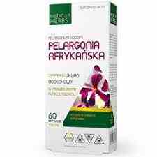 Afrikanischer Pelargonium-Kapseln von Medica Herbs, 450 mg, 60 Kapseln, Nahaufnahme der Kapseln in einer Packung