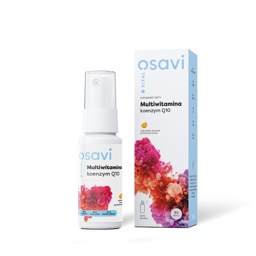 Osavi Multivitamin Coenzym Q10 Spray in Orangengeschmack, 25 ml, zeigt die Flasche mit Orangengeschmack und Sprühkopf.