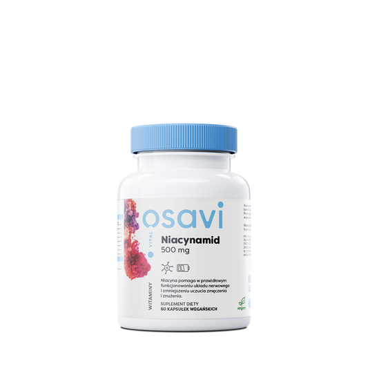 Osavi Vitamin B3 (Nicotinsäureamid) 500 mg, 60 Kapseln, Nahaufnahme der Kapseln in einer Packung.