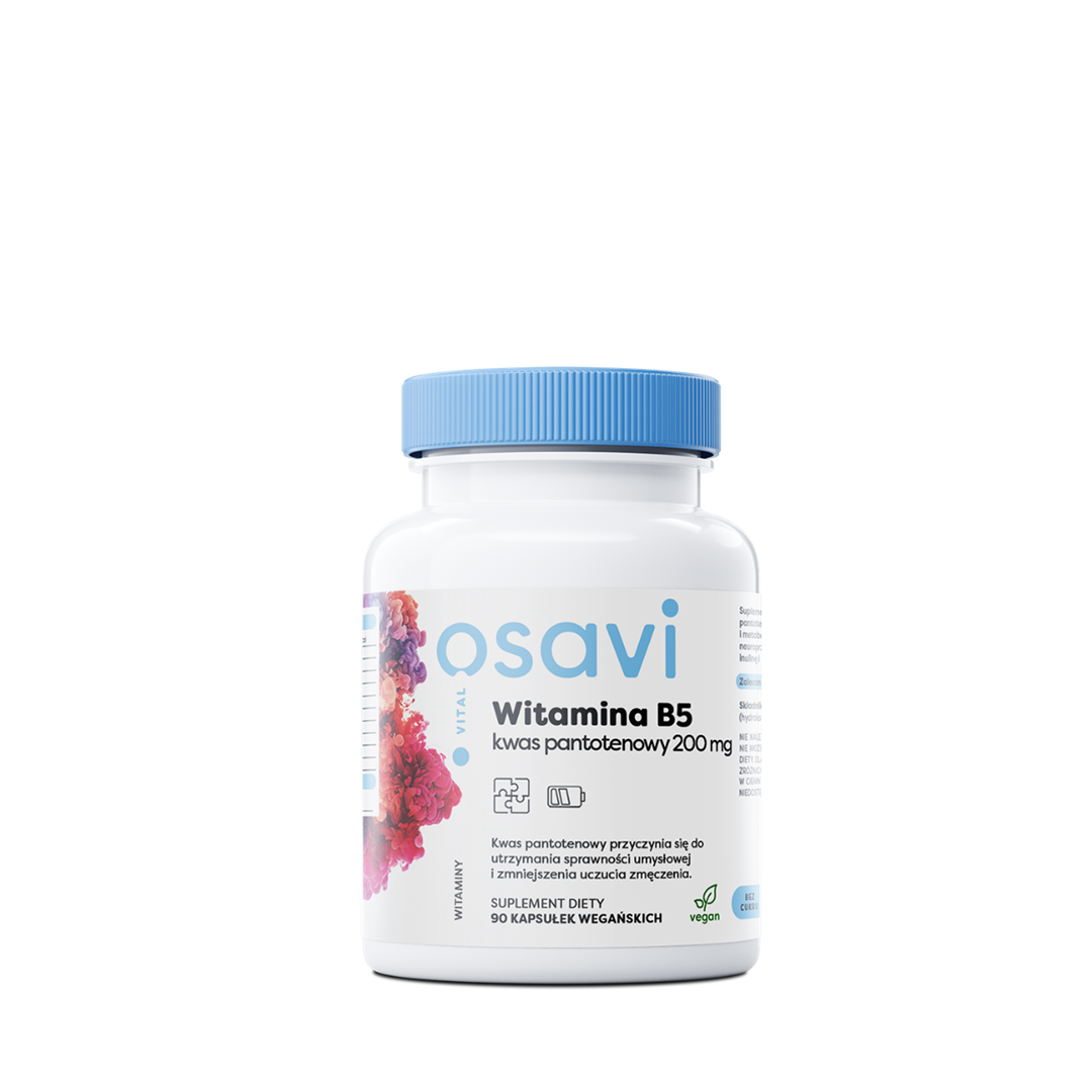 Osavi Vitamin B5 Pantothensäure 200mg, 90 Kapseln, Nahaufnahme der braunen Kapseln in einer Packung