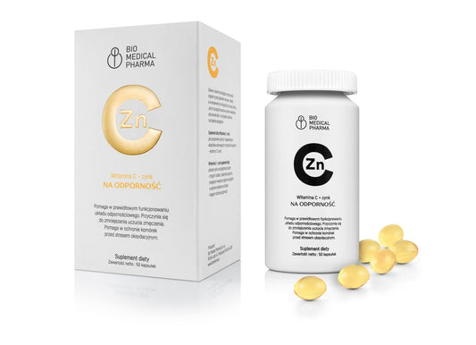 Bio Medical Pharma Vitamin C + Zink Kapseln, 50 Stück, Nahaufnahme der Verpackung und Kapseln auf weißem Hintergrund