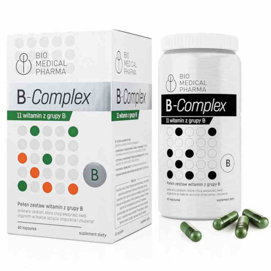 Bio Medical Pharma B-Komplex Kapseln, 60 Stück, vitaminreiche Nahrungsergänzung in transparenten Kapseln auf weißem Hintergrund